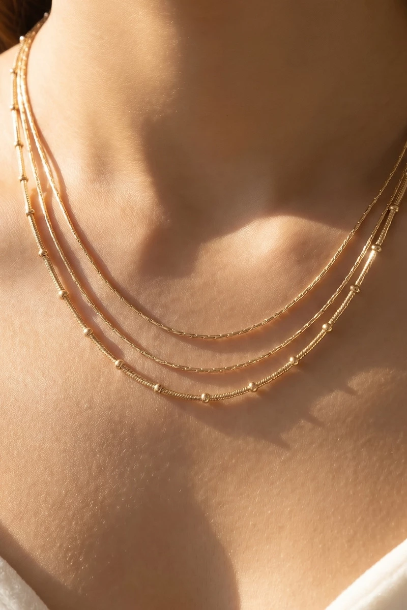 Triple Strand Satellite Ball Station Chain Necklace