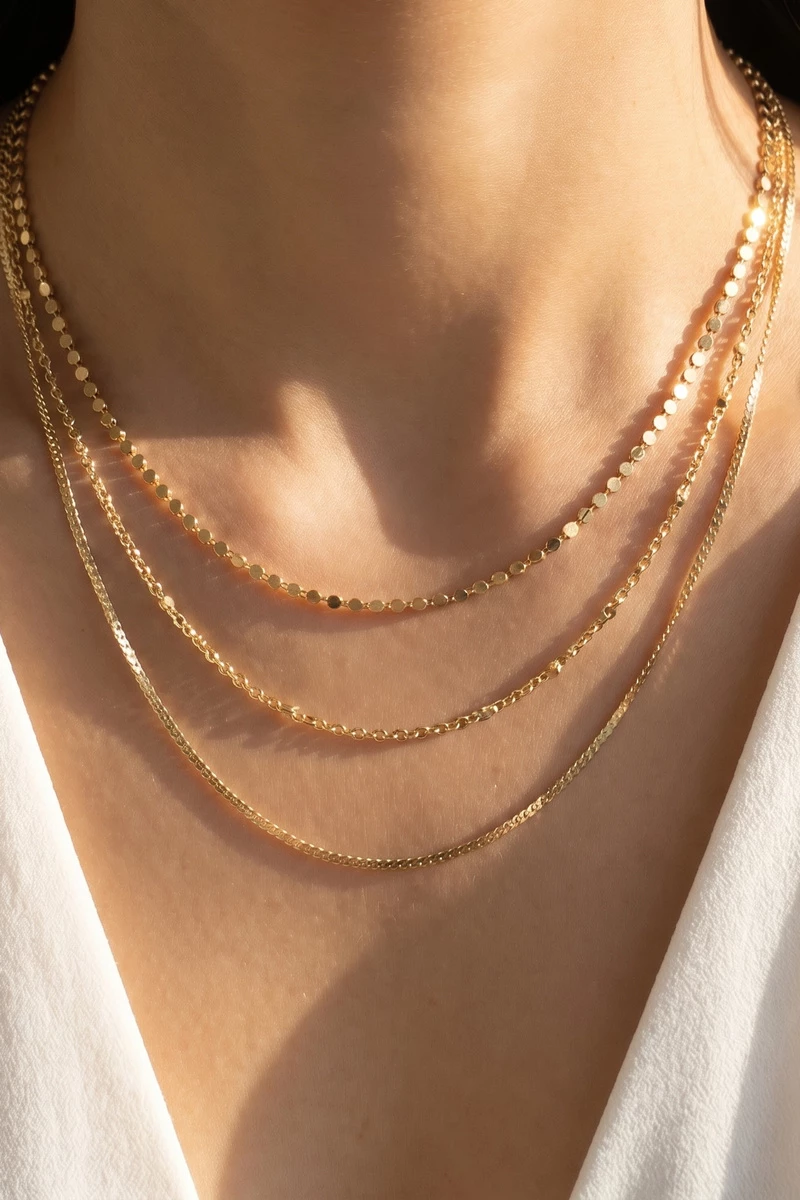 Triple Strand Disc Sequin Mixed Chain Necklace