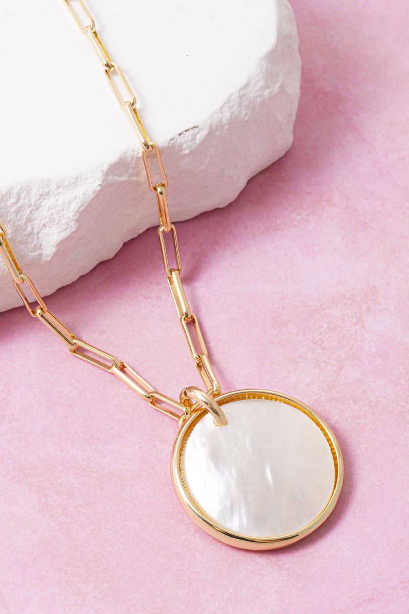 Mop Disc Pendant Long Paperclip Chain Necklace