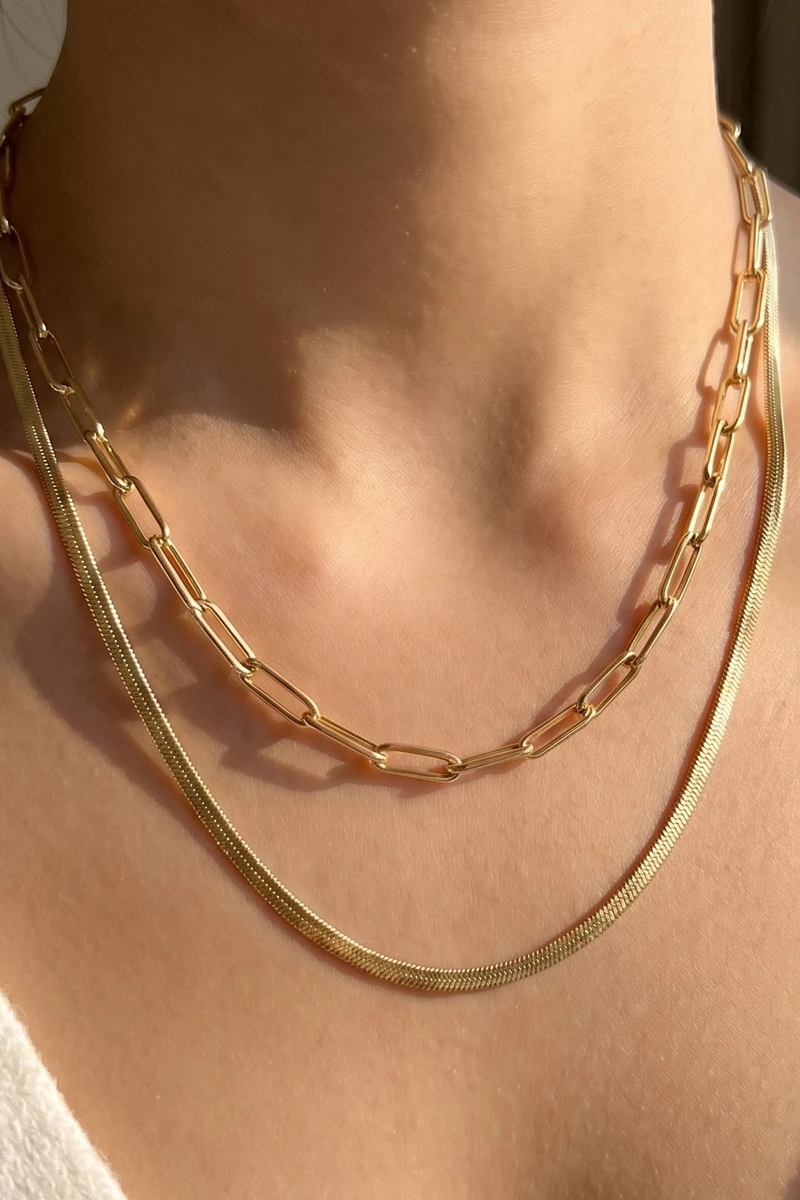 Layered Herringbone Paperclip Chain Necklace
