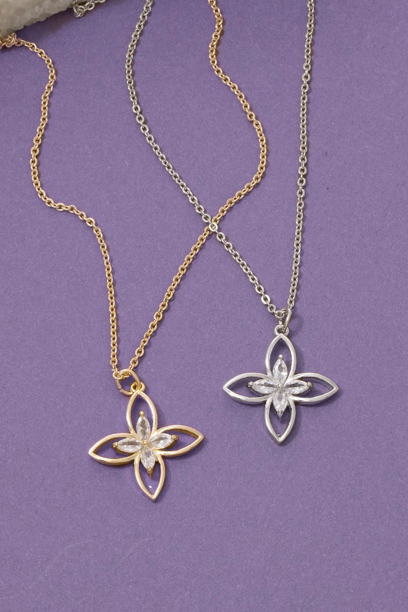 Cz Four Petal Flower Pendant Necklace