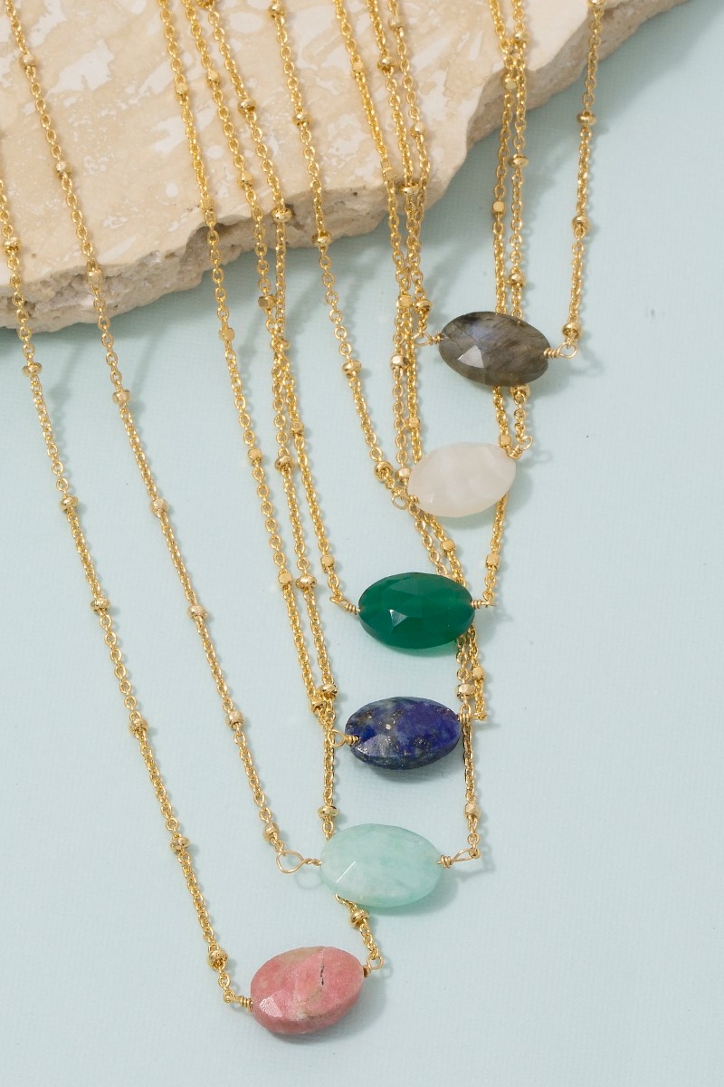 Single Stone Oval Pendant Satellite Chain Necklace