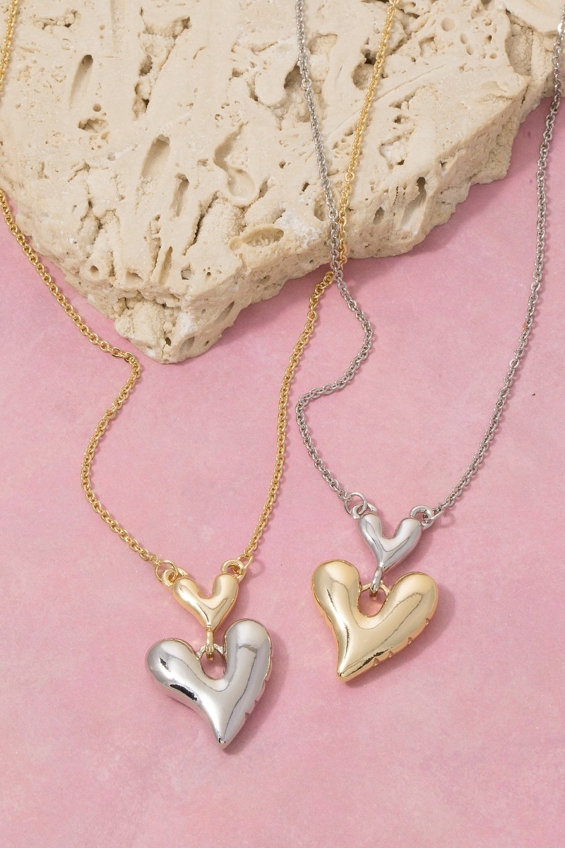 Two-Tone Puffy Heart Pendant Necklace