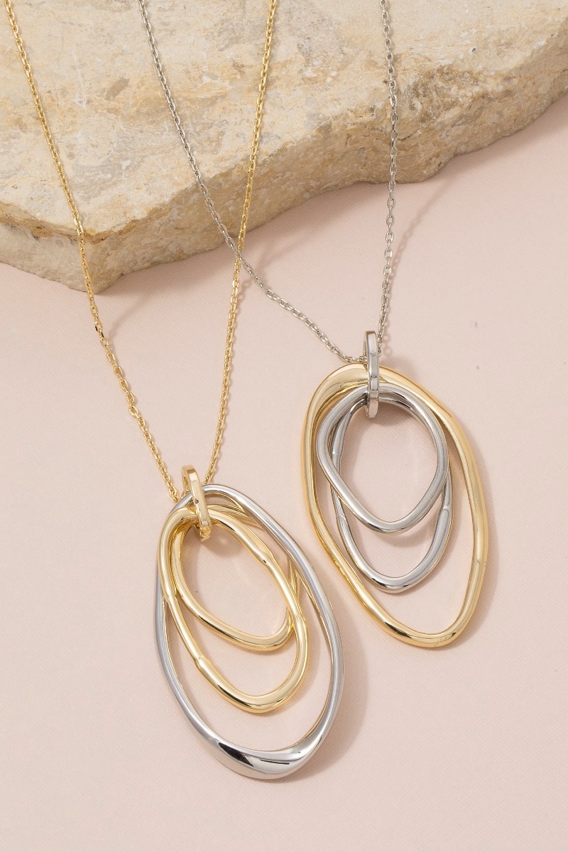 Two-Tone Triple Oval Ring Pendant Long Necklace