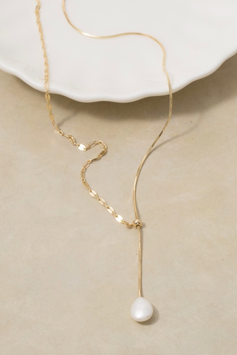 Mixed Chain Pearl Drop Lariat Necklace