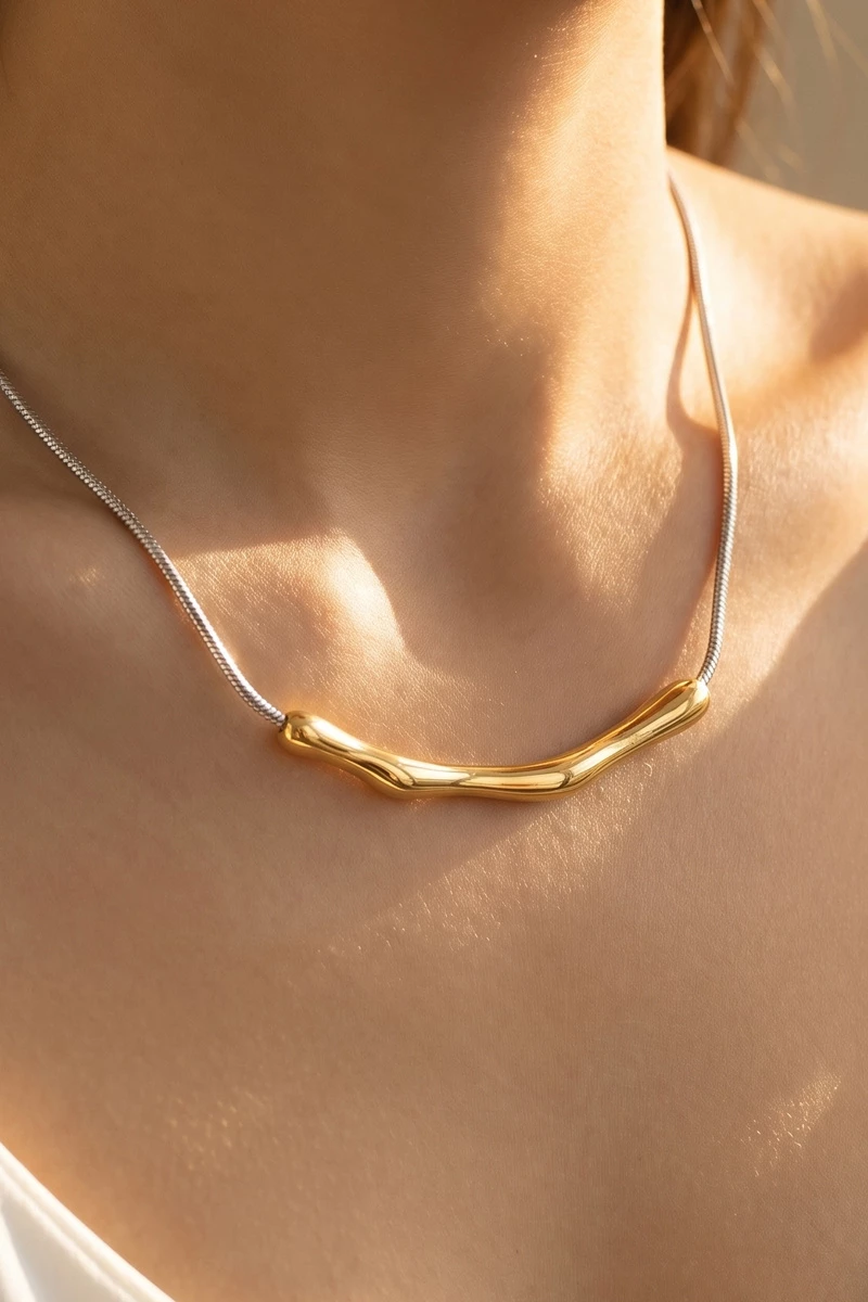 Gold Snake Chain Organic Bar Pendant Necklace