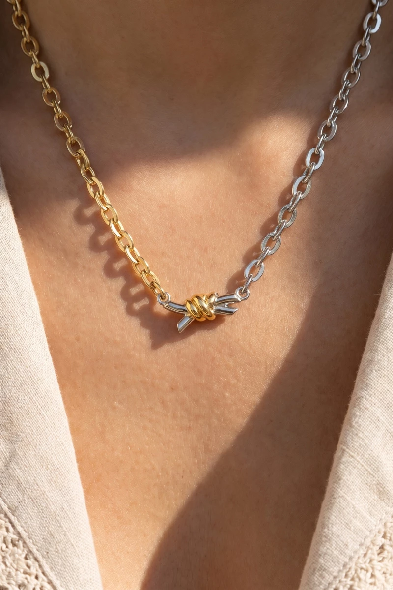 Gold Cable Chain Knot Charm Toggle Necklace