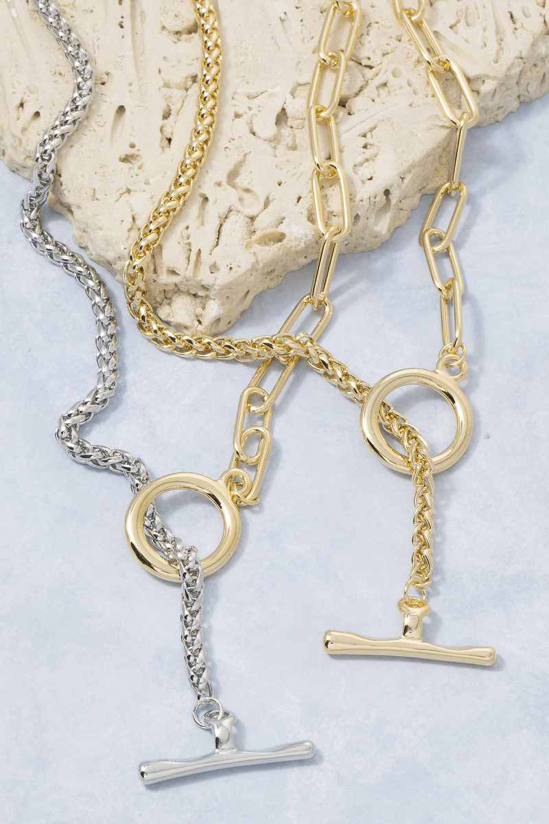 Mixed Chain Paperclip Link Lariat T Bar Necklace