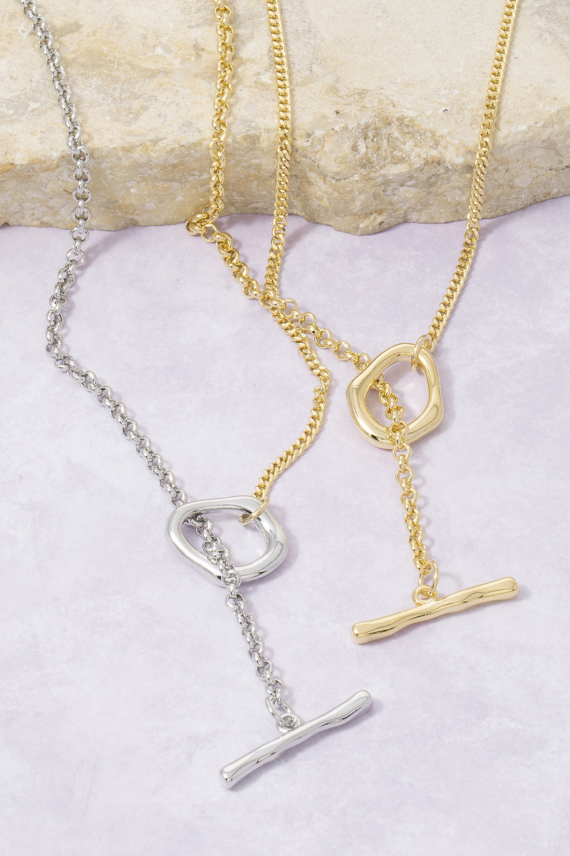Mixed Chain Sculptural Knot Lariat T Bar Necklace
