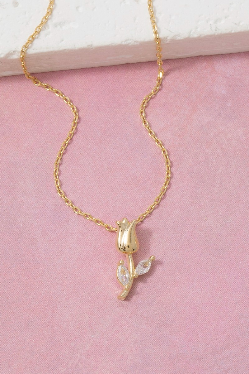 Dainty Chain Gold Rose Bud & Cz Leaf Pendant Necklace