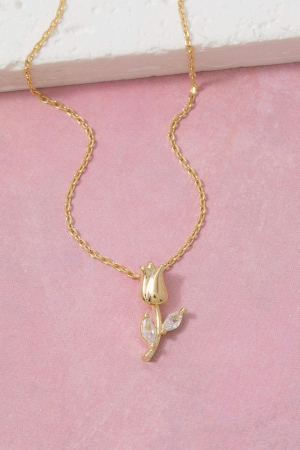 Dainty Chain Gold Rose Bud & Cz Leaf Pendant Necklace