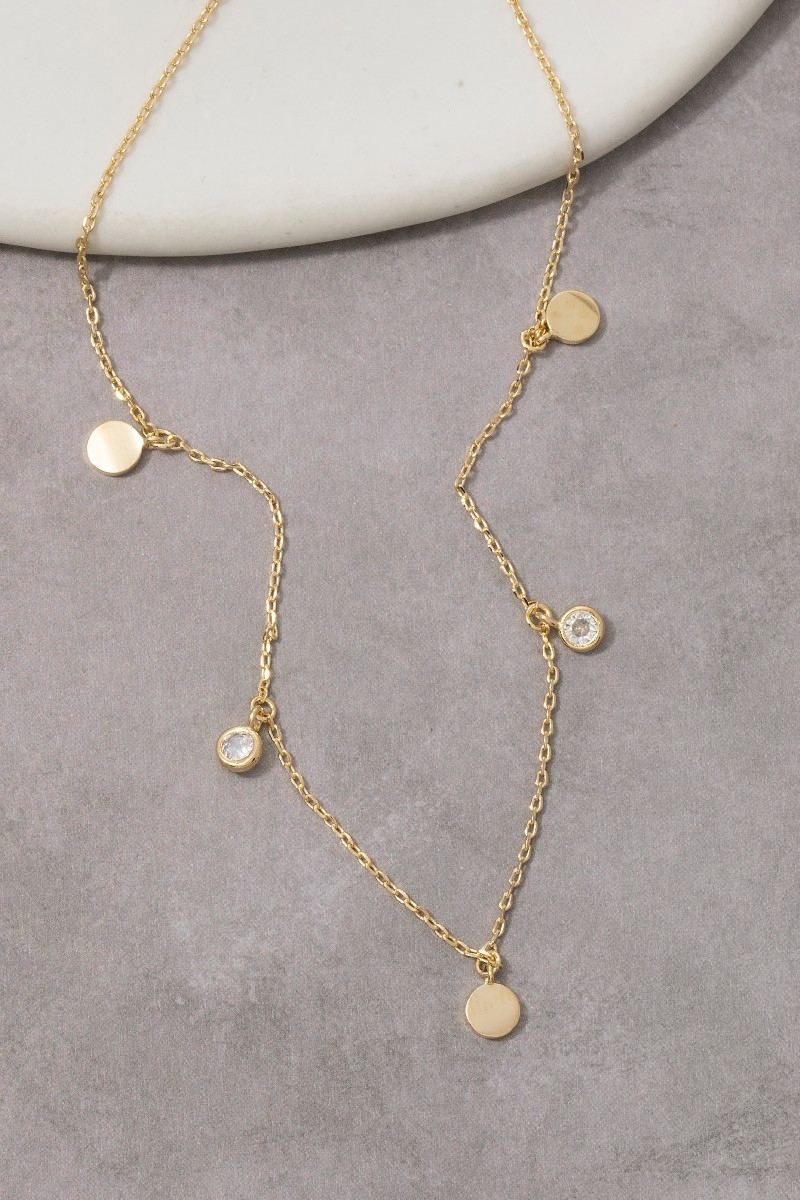 Disc And Cz Drop Charm Necklace