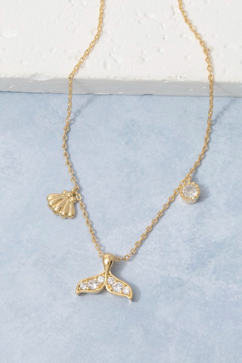 Cz Whale Tail Shell Sea Life Charm Necklace