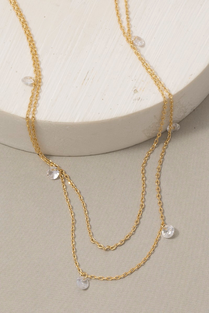Double Layer Cz Charm Drop Chain Necklace