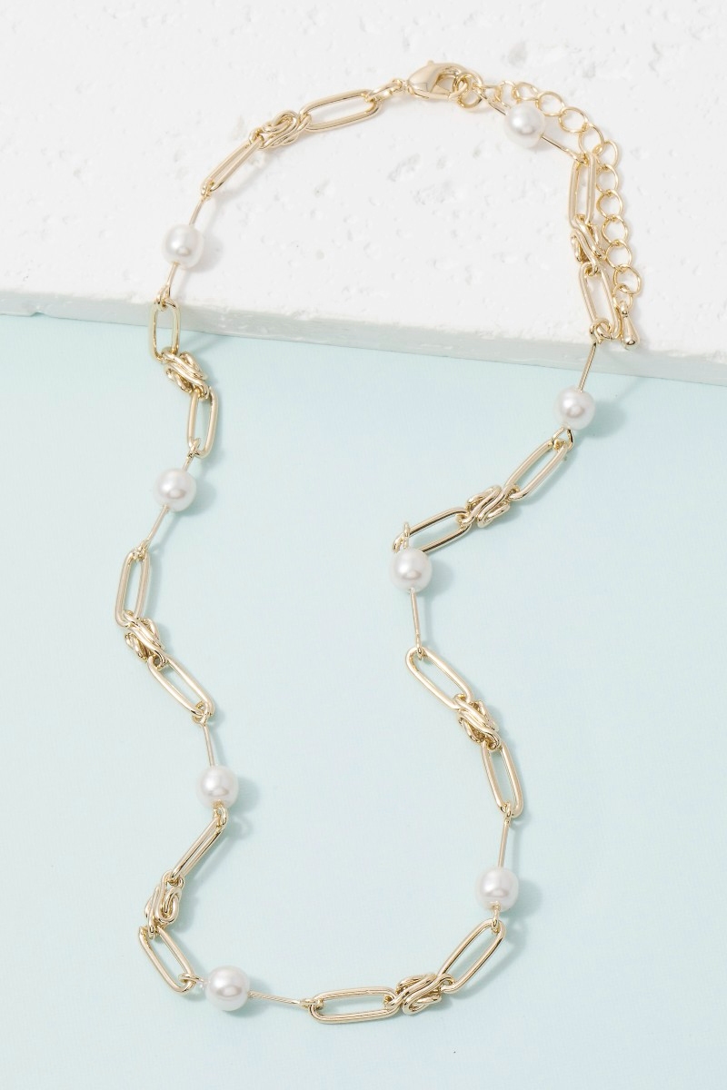 Gold Paperclip Link Chain Pearl Station Necklace
