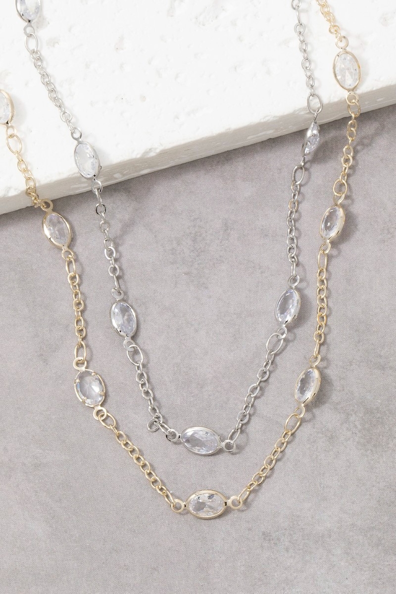Gold Chain Oval Cz Bezel Station Necklace