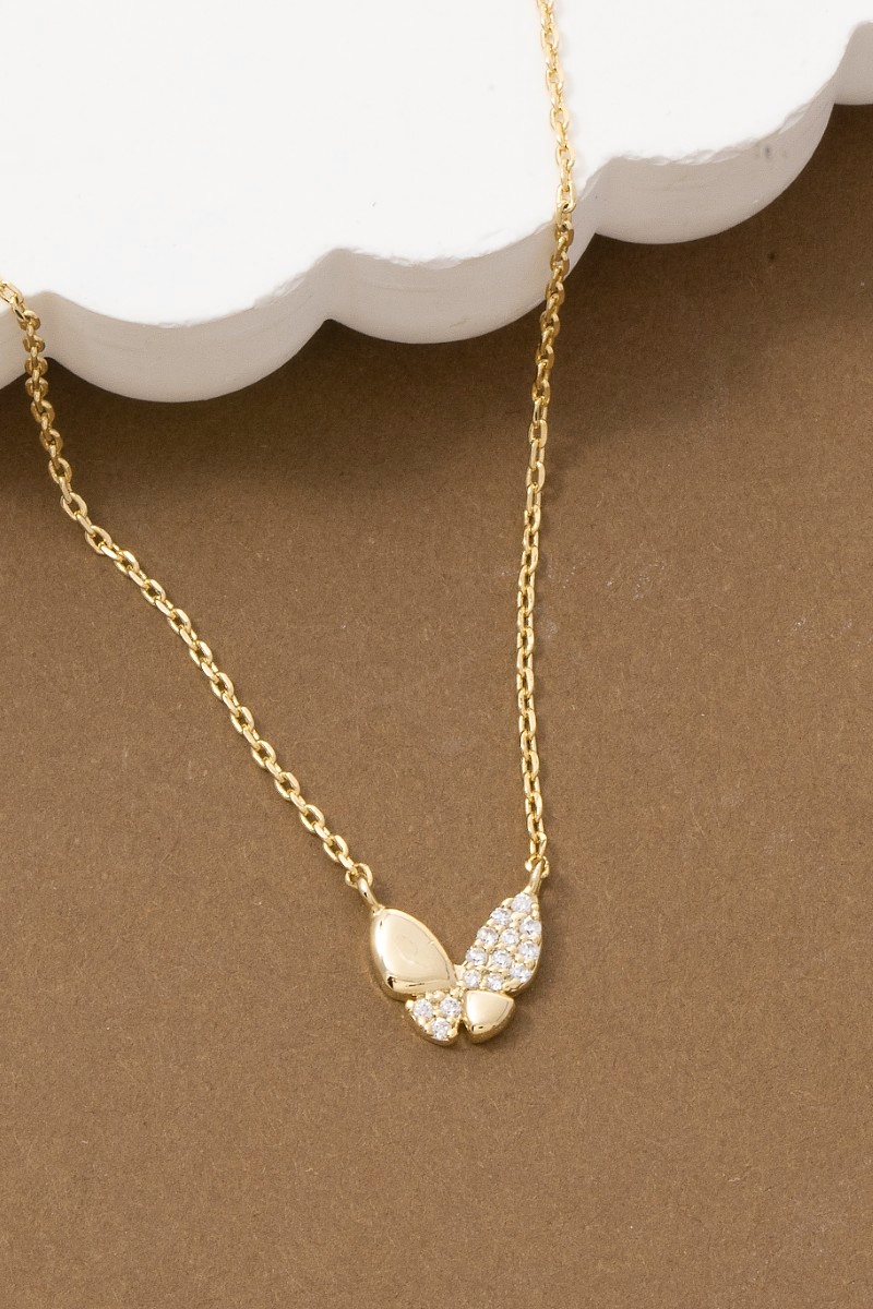 Gold Dipped Pave Cz Butterfly Pendant Necklace