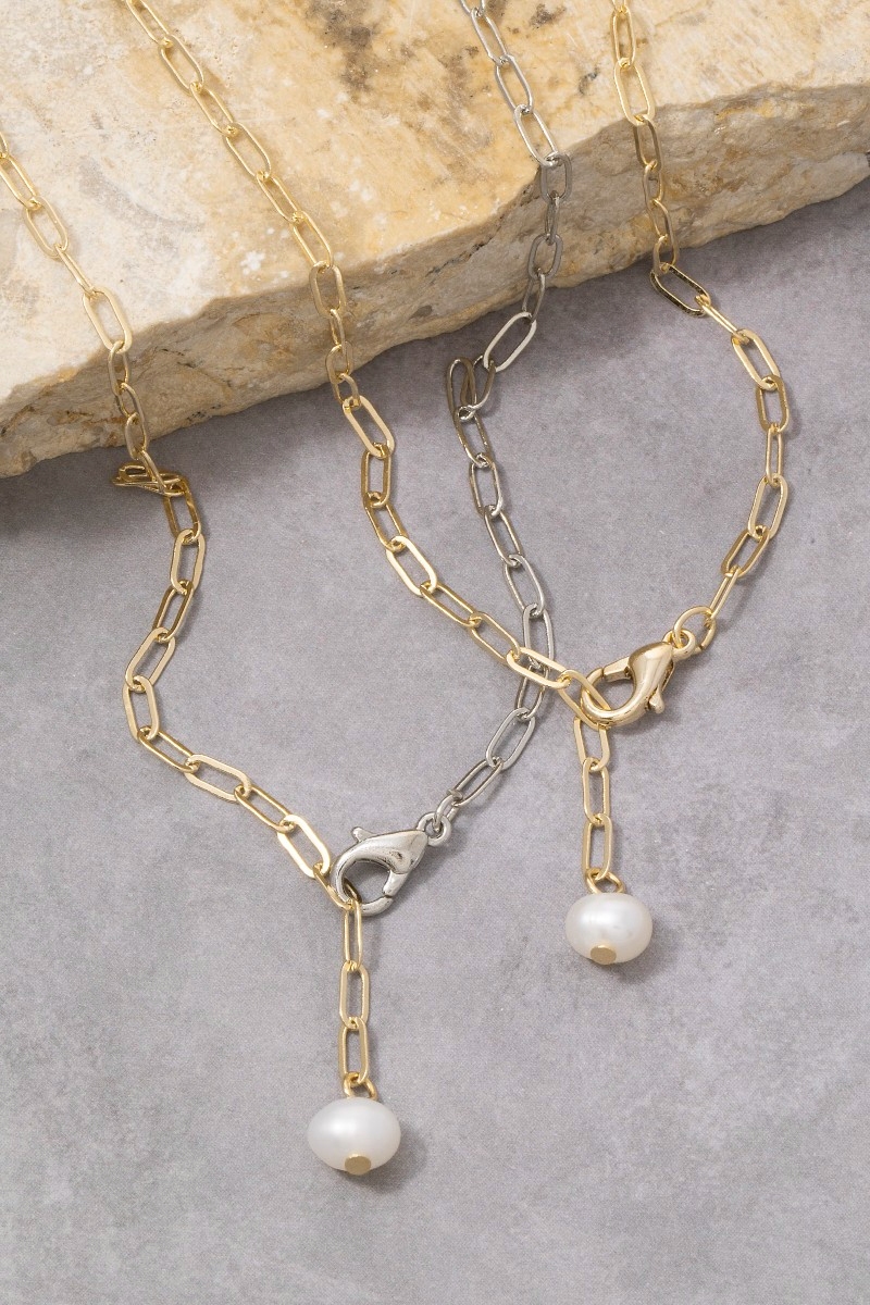 Gold Paperclip Chain Pearl Drop Lariat Necklace