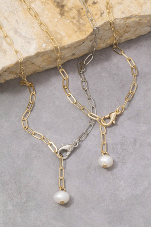 Gold Paperclip Chain Pearl Drop Lariat Necklace