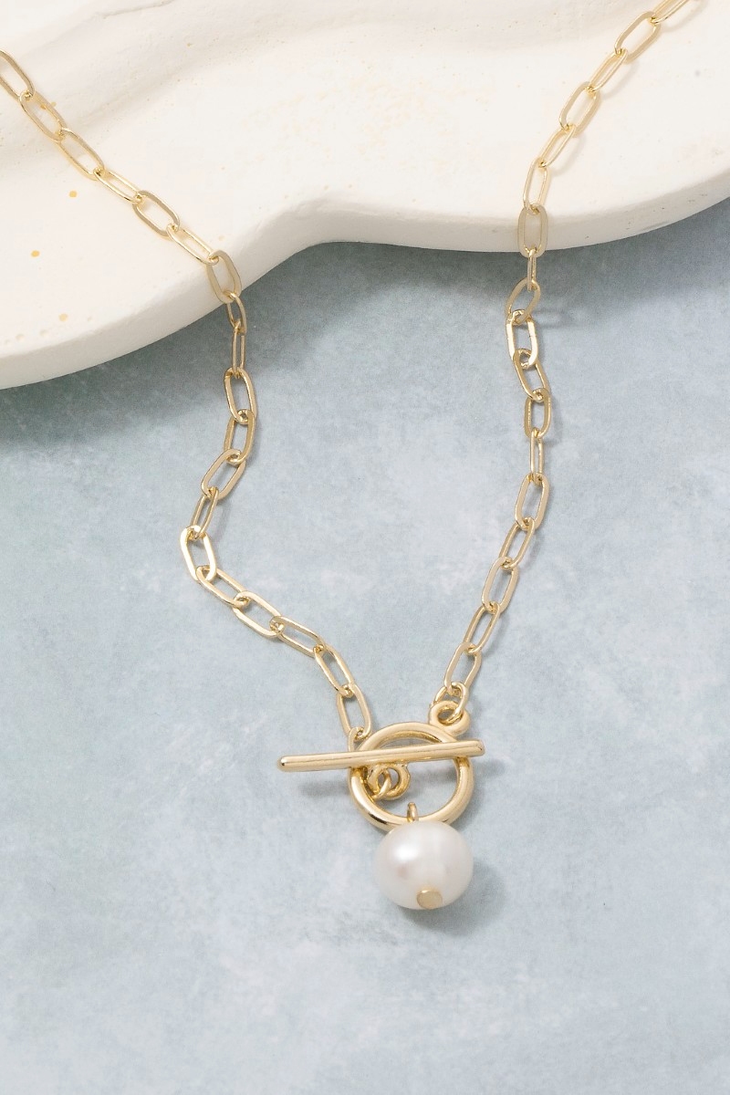 Paperclip Toggle Pearl Drop Necklace