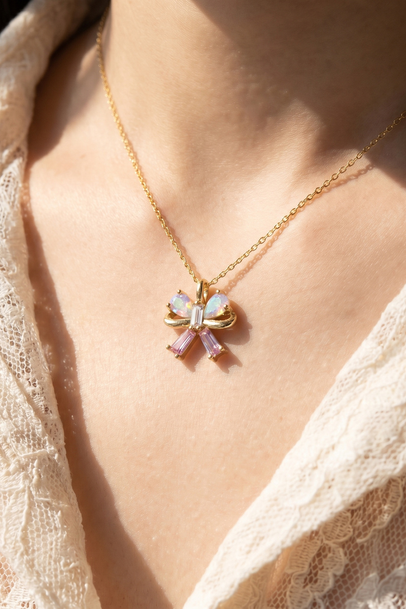 Gold Dipped Cz Multicolor Bow Pendant Necklace