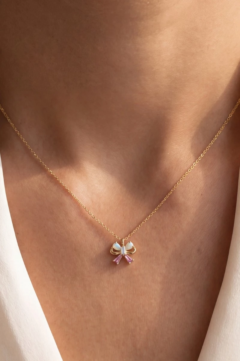Gold Cz Bow Pendant Necklace