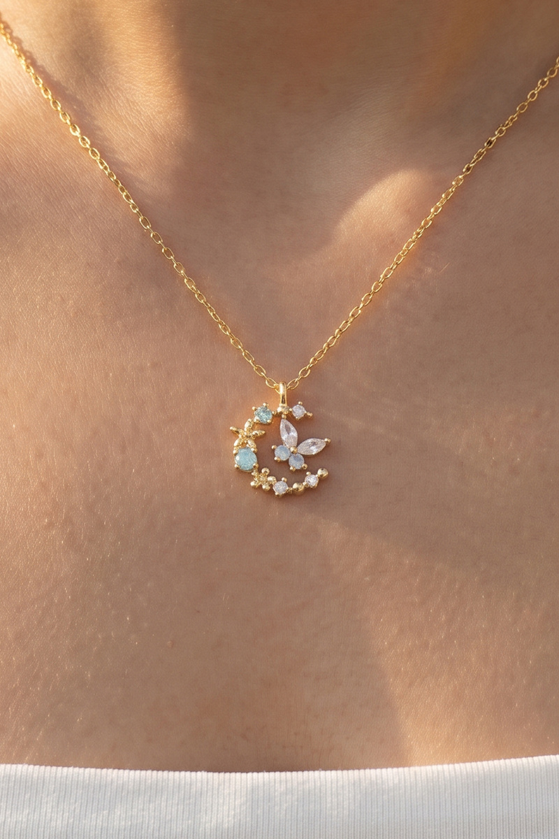 Gold Dipped Cz Moon Star Cluster Pendant Necklace