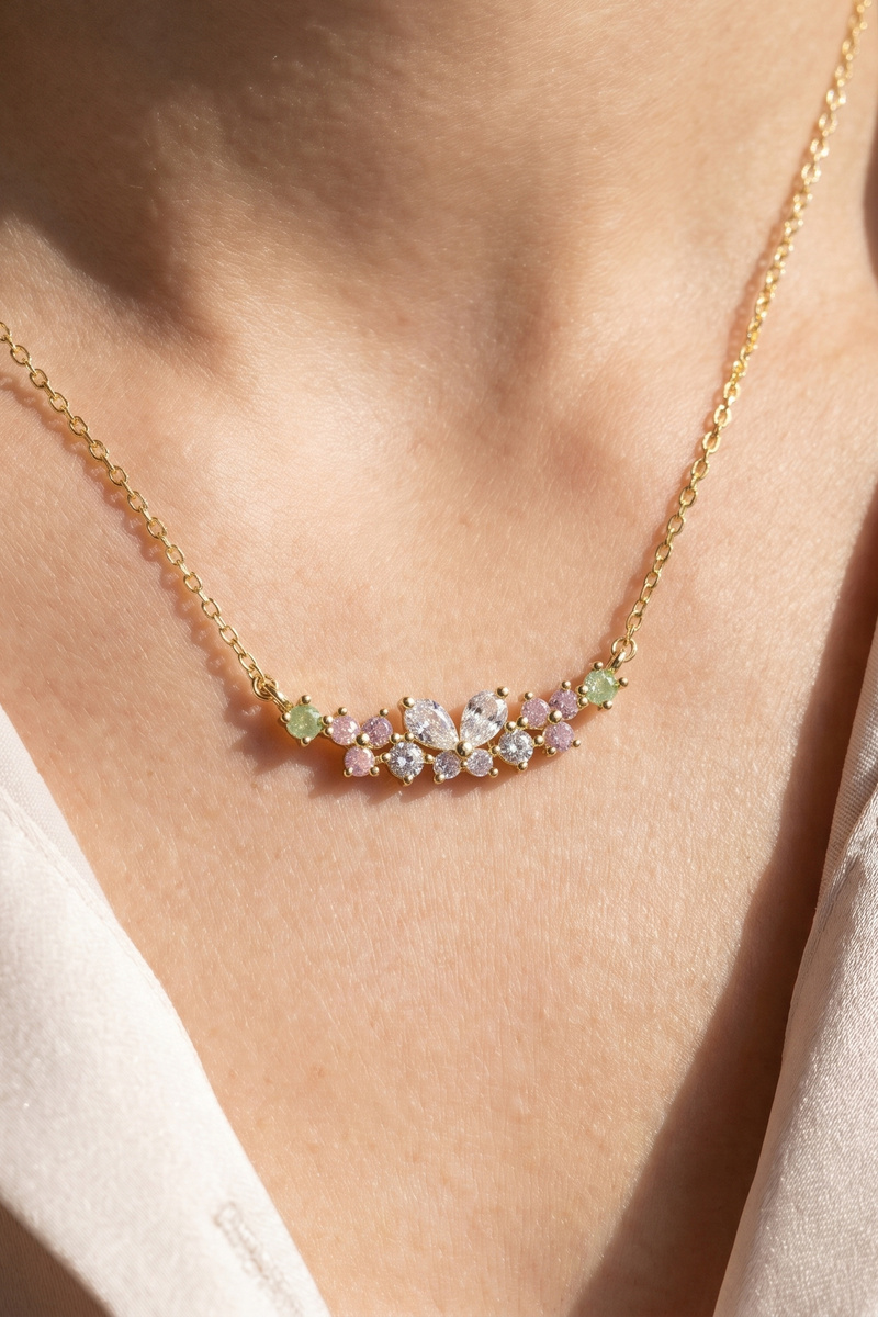 Gold Dipped Cz Floral Cluster Station Necklace