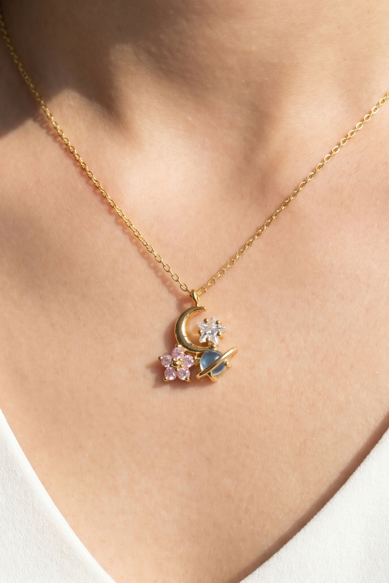 Gold Dipped Cz Celestial Cluster Pendant Necklace