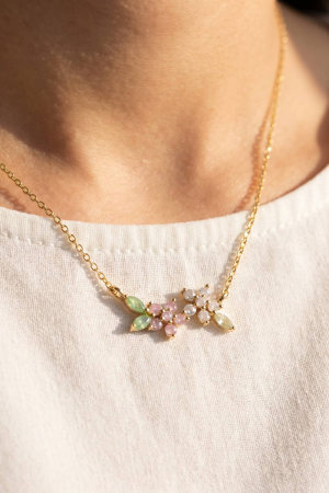 Gold Dipped Cz Floral Cluster Bar Pendant Necklace