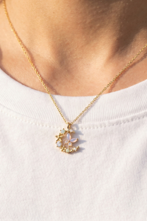 Gold Dipped Cz Moon Floral Lariat Necklace