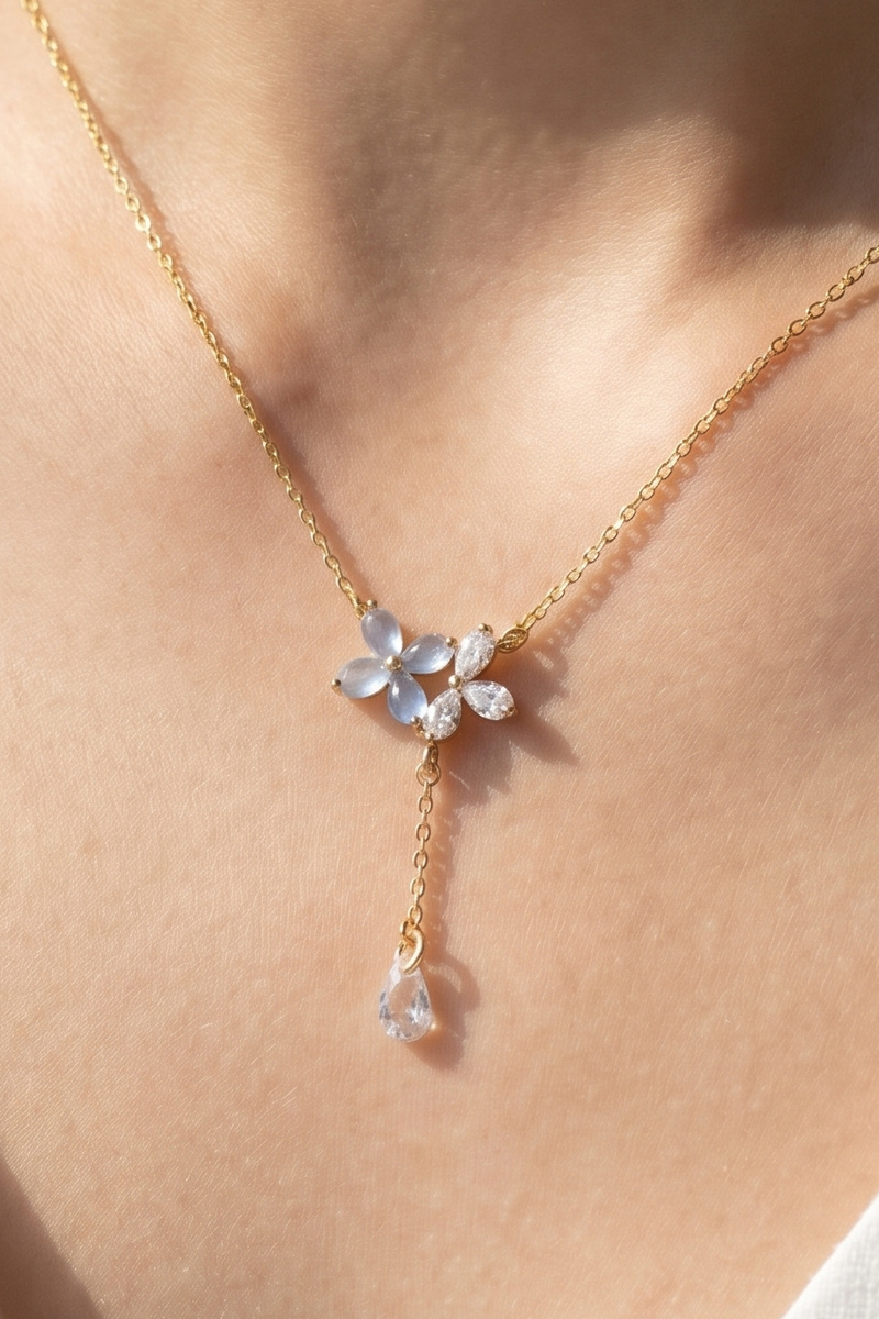 Gold Dipped Dual Cz Flower Lariat Necklace