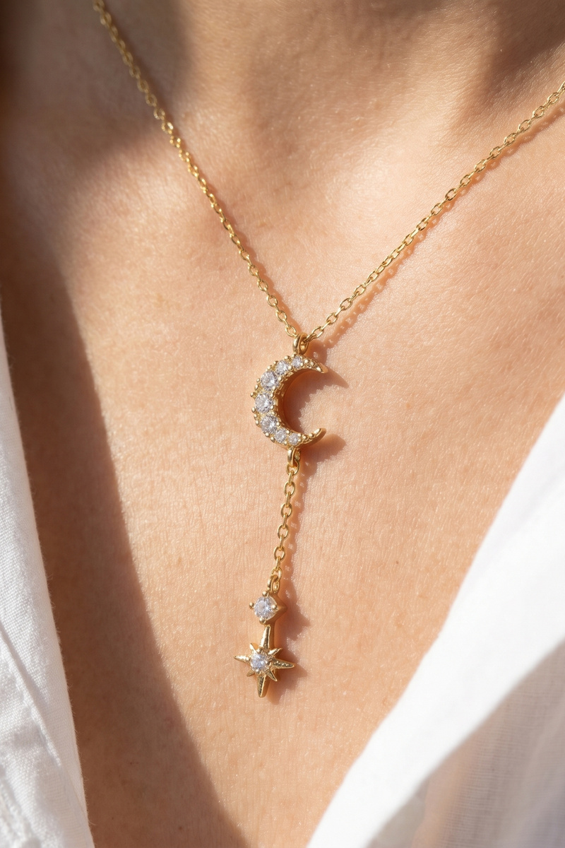 Gold Dipped Cz Pave Moon Star Lariat Necklace