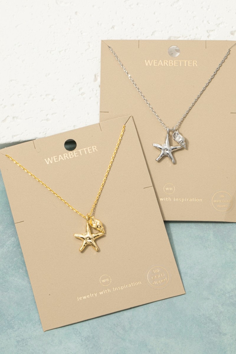 18K Gold Starfish Shell Charm Pendant Necklace