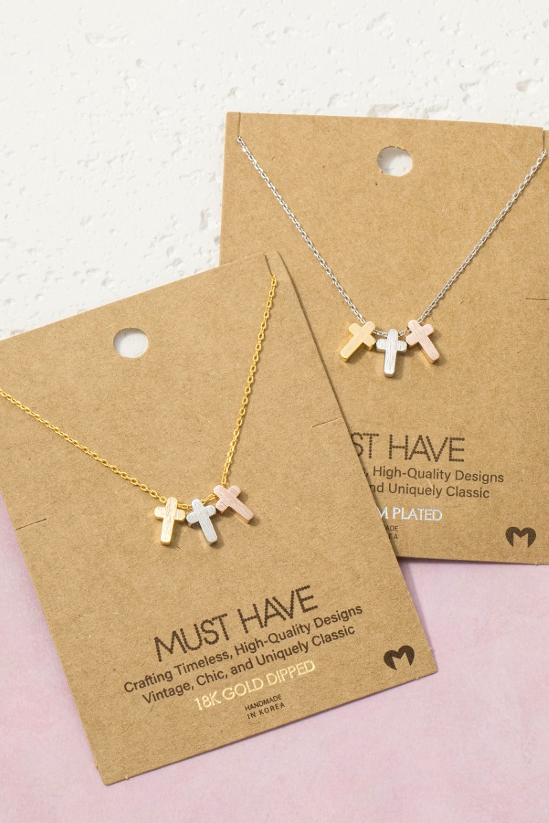 18K Gold Dipped 3 Cross Pendant Necklace