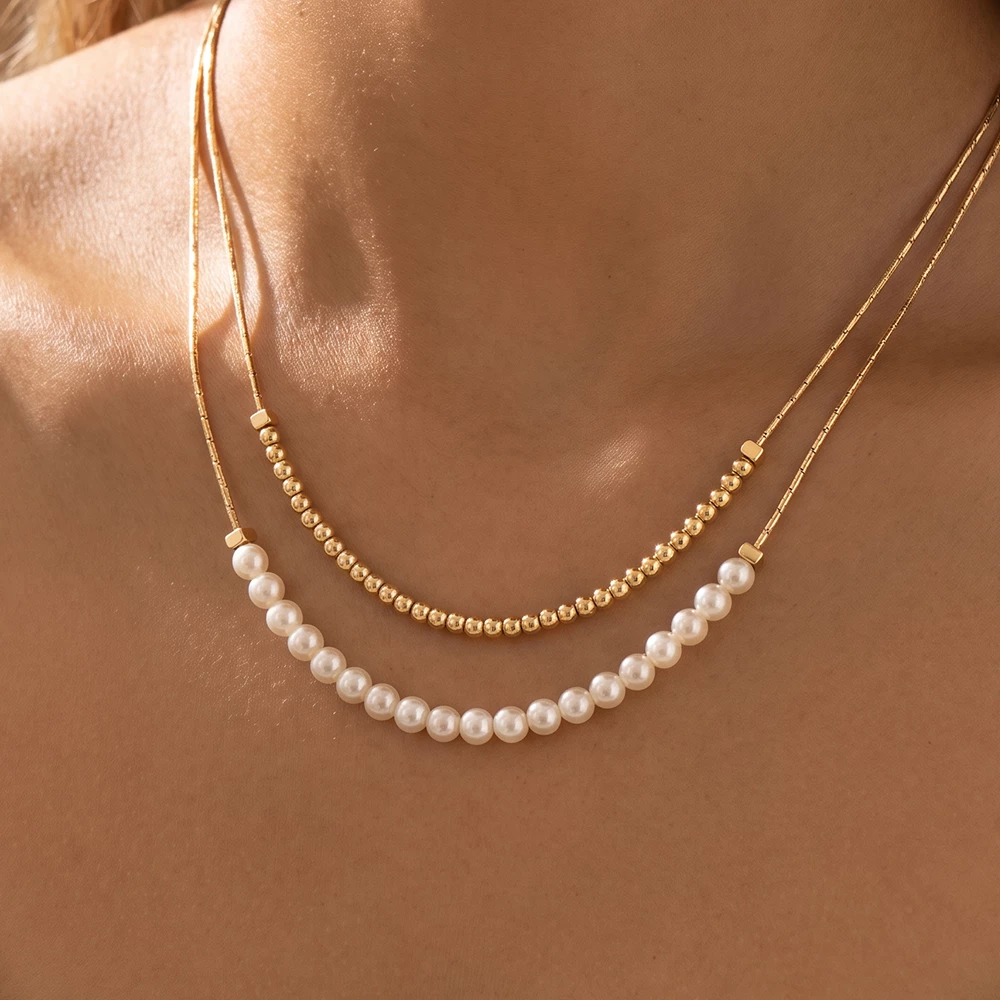 Layered Pearl And Bead Bar Necklace