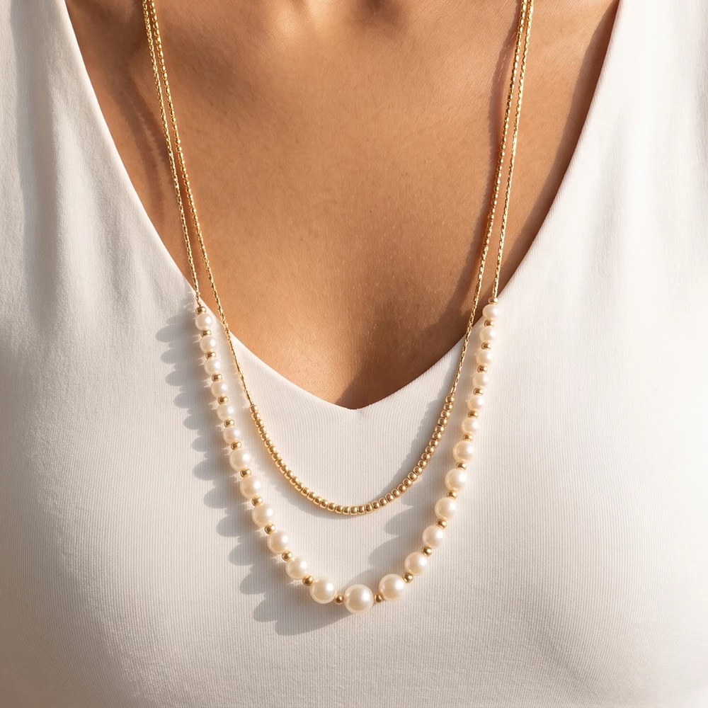 Long Layered Pearl Bar Necklace