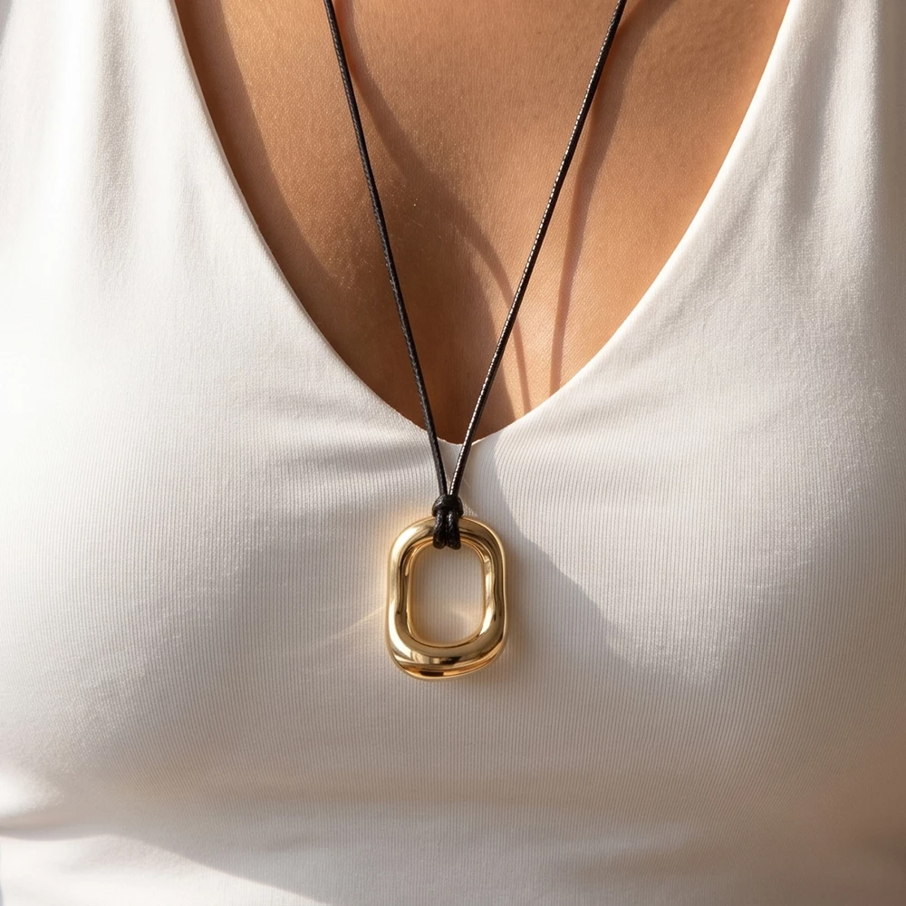 Adjustable Cord Organic Square Ring Pendant Necklace