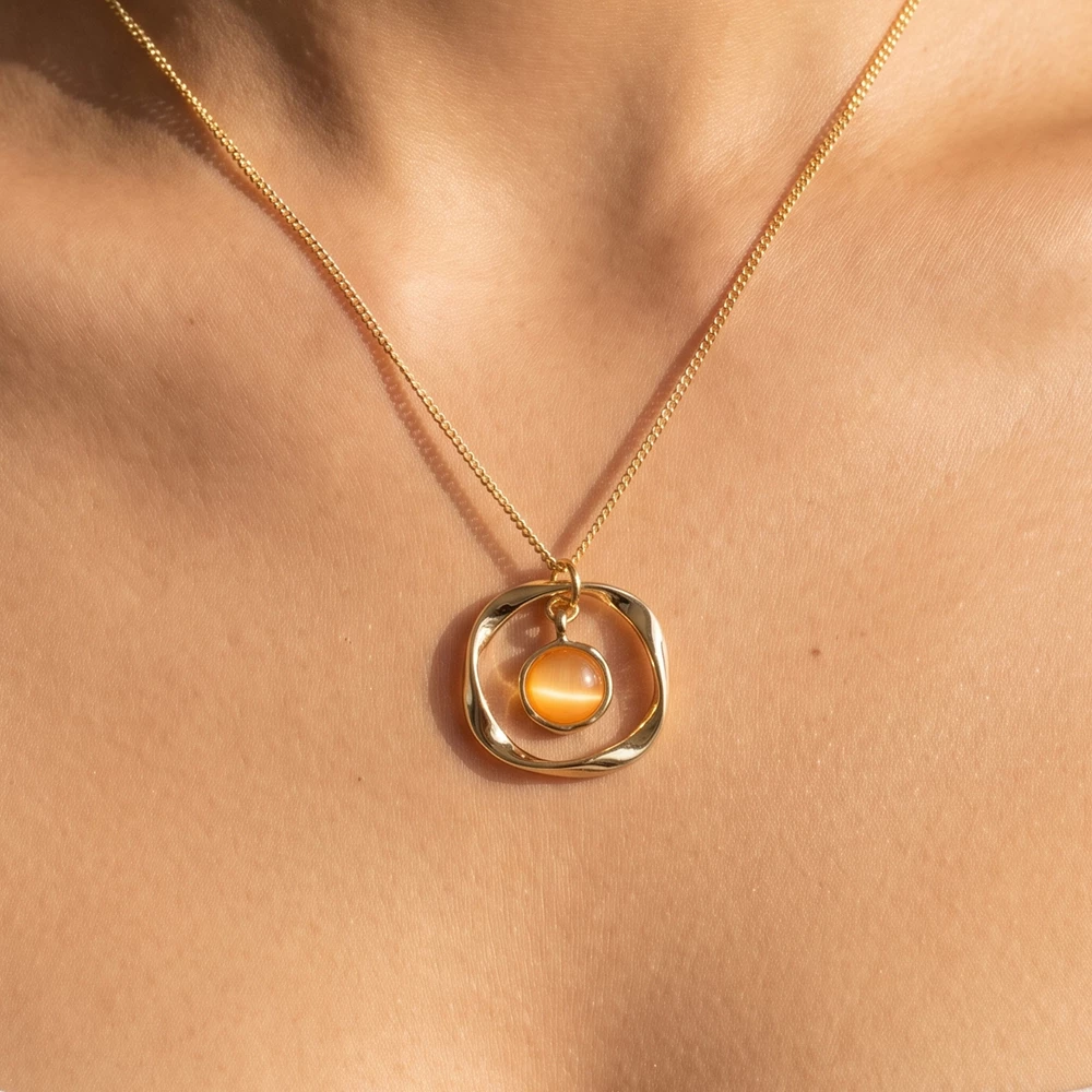 Adjustable Square Frame Cat Eye Pendant Necklace
