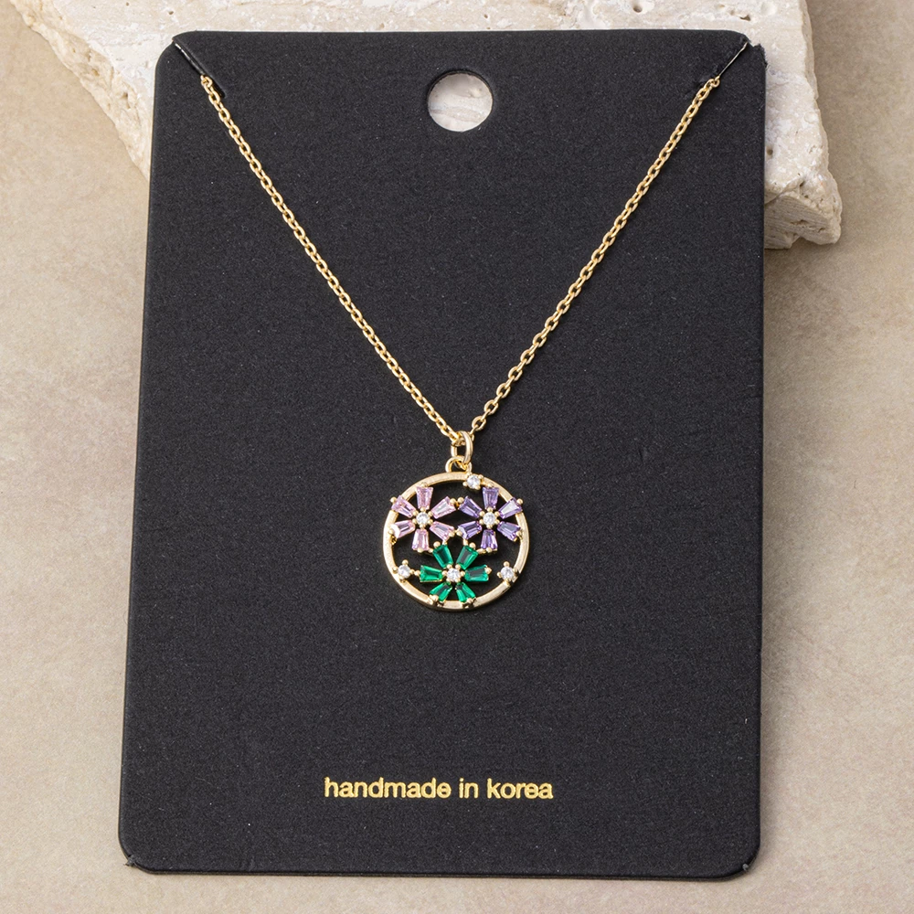 Gold Dipped Baguette Cz Flower Circle Pendant Necklace