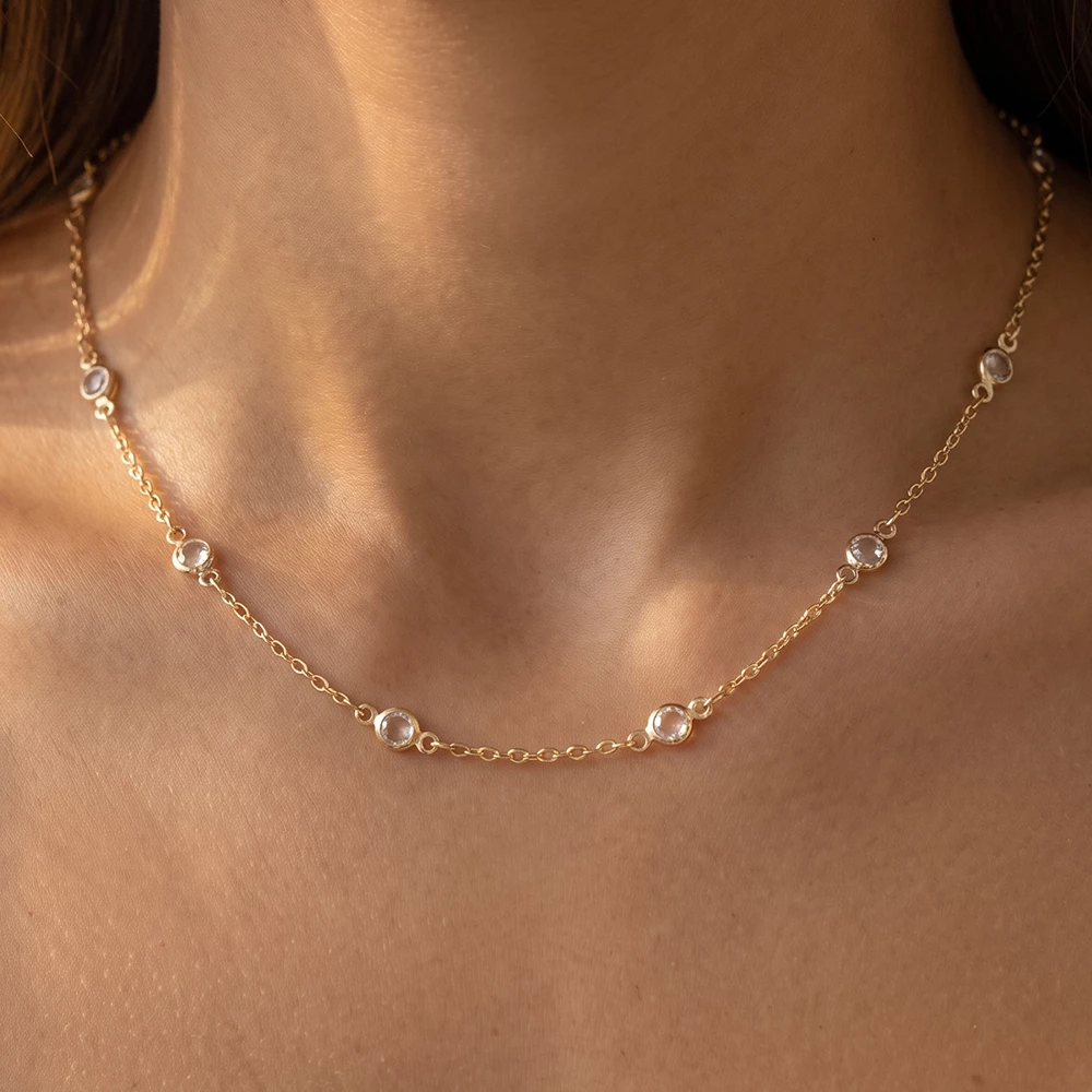 Bezel Set Round Crystal Station Chain Necklace