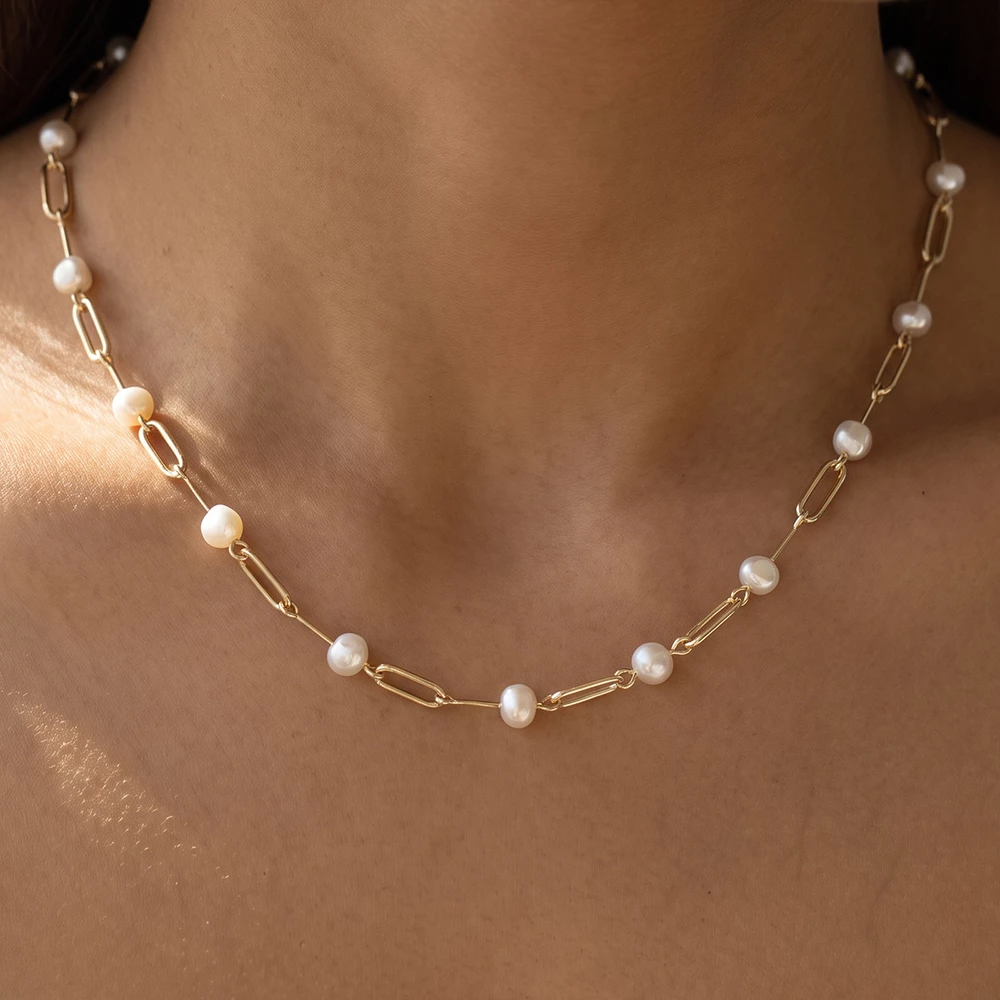Pearl Station Paperclip Chain Necklace