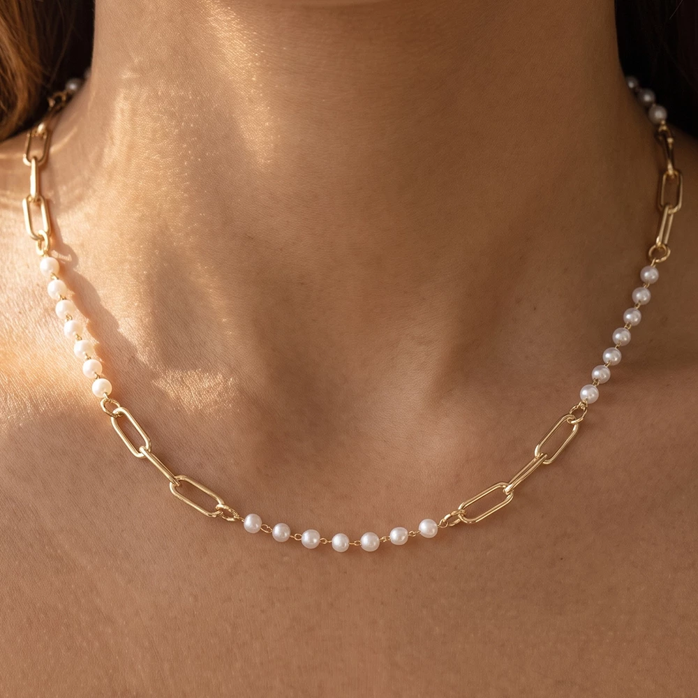 Pearl Strand And Paperclip Link Necklace