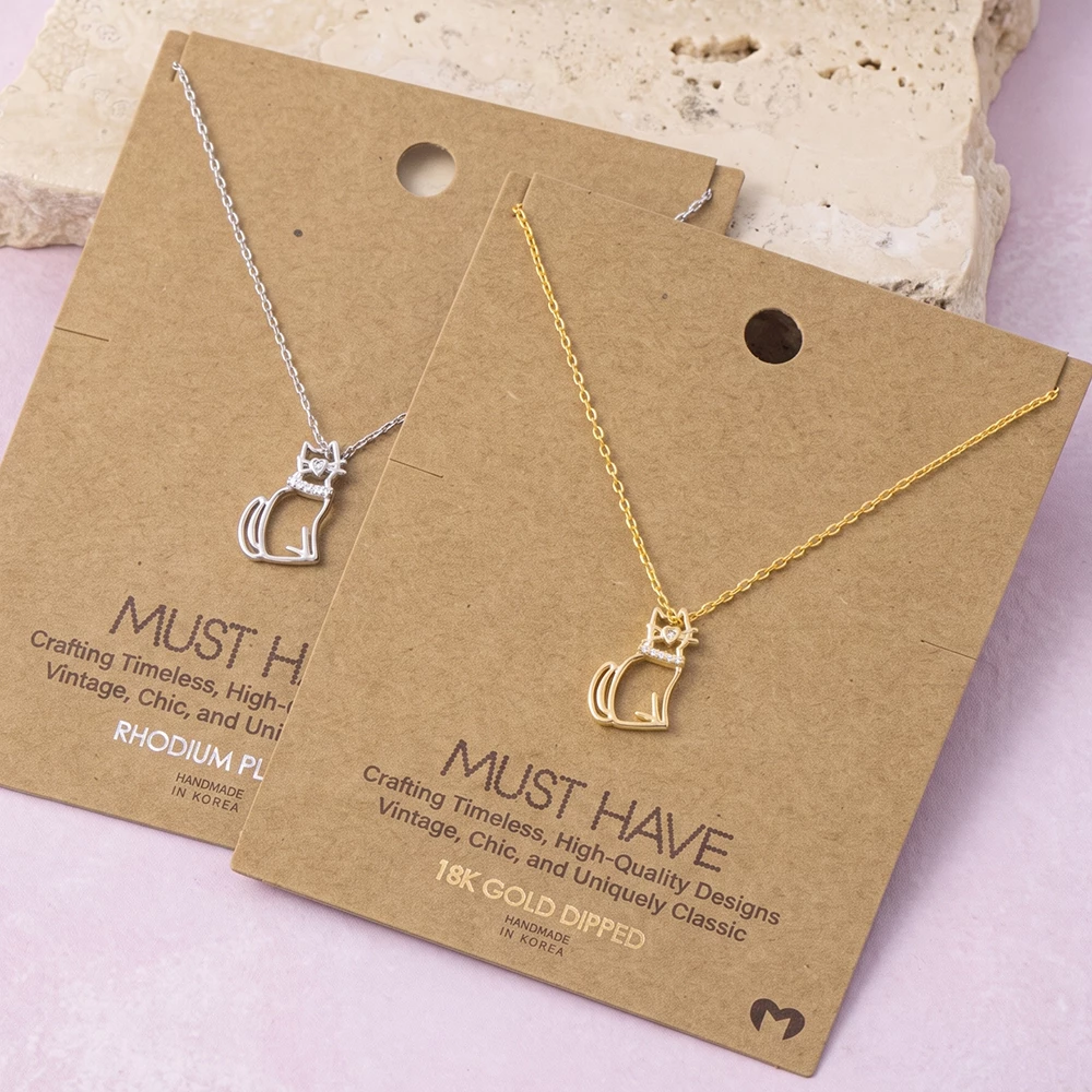 Sitting Cat Outline Pendant Necklace With Cz