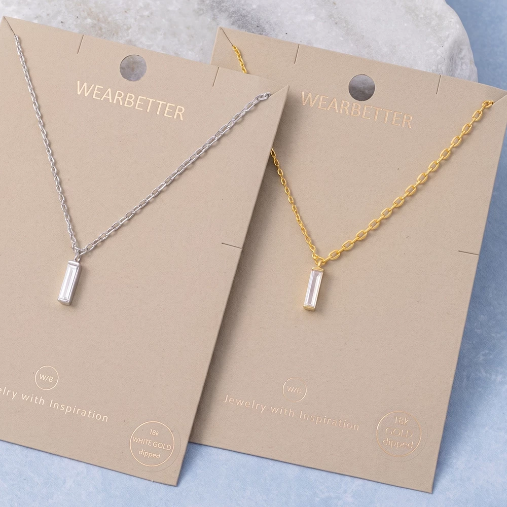 18K Gold Dipped Baguette Cz Bar Pendant Necklace