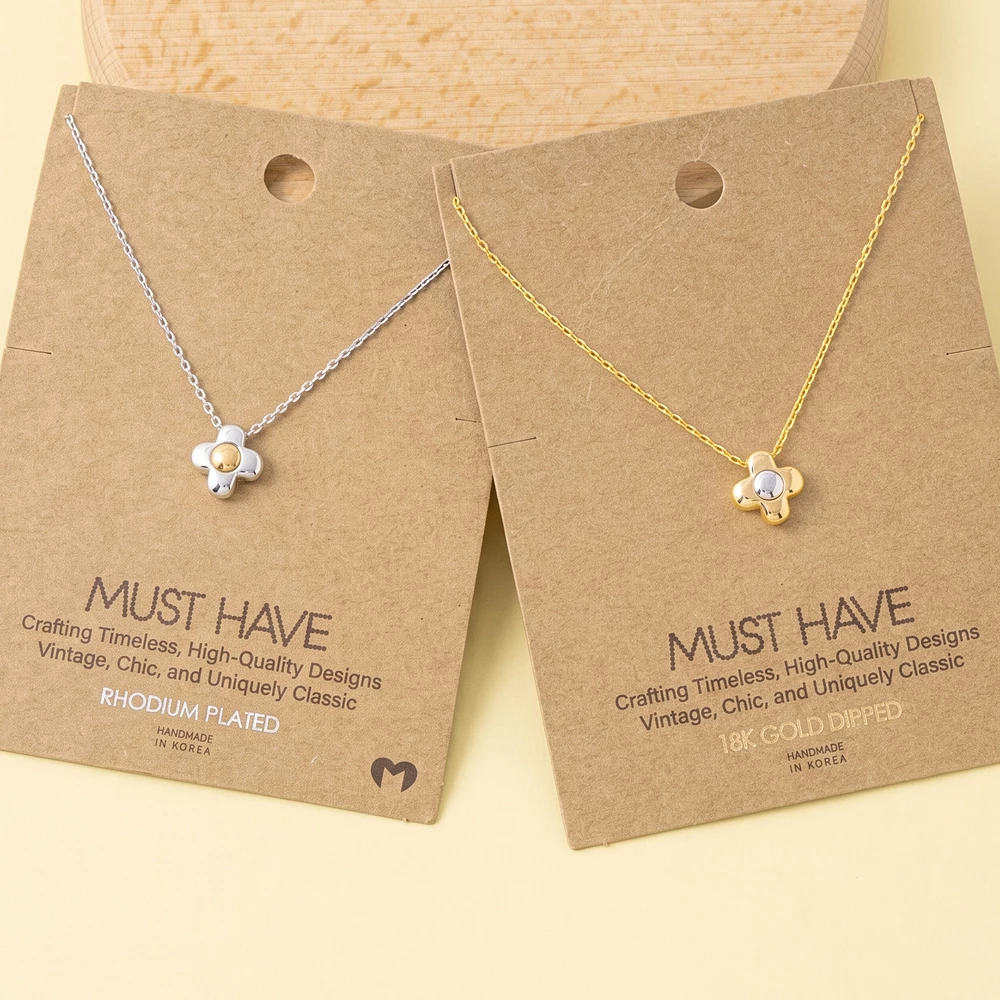 18K Gold Dipped Two Tone Puffy Flower Pendant Necklace