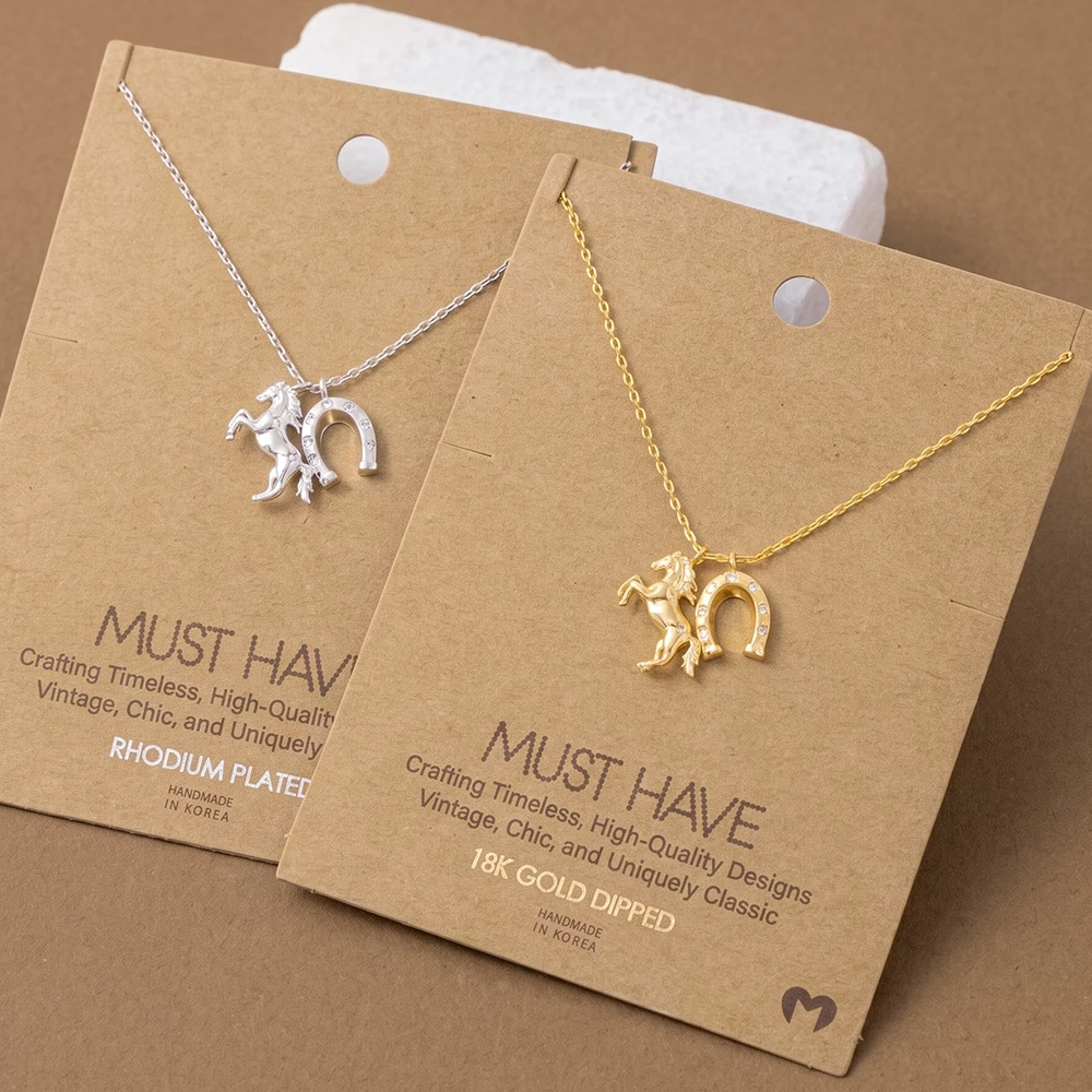 Horse And Cz Horseshoe Charm Pendant Necklace