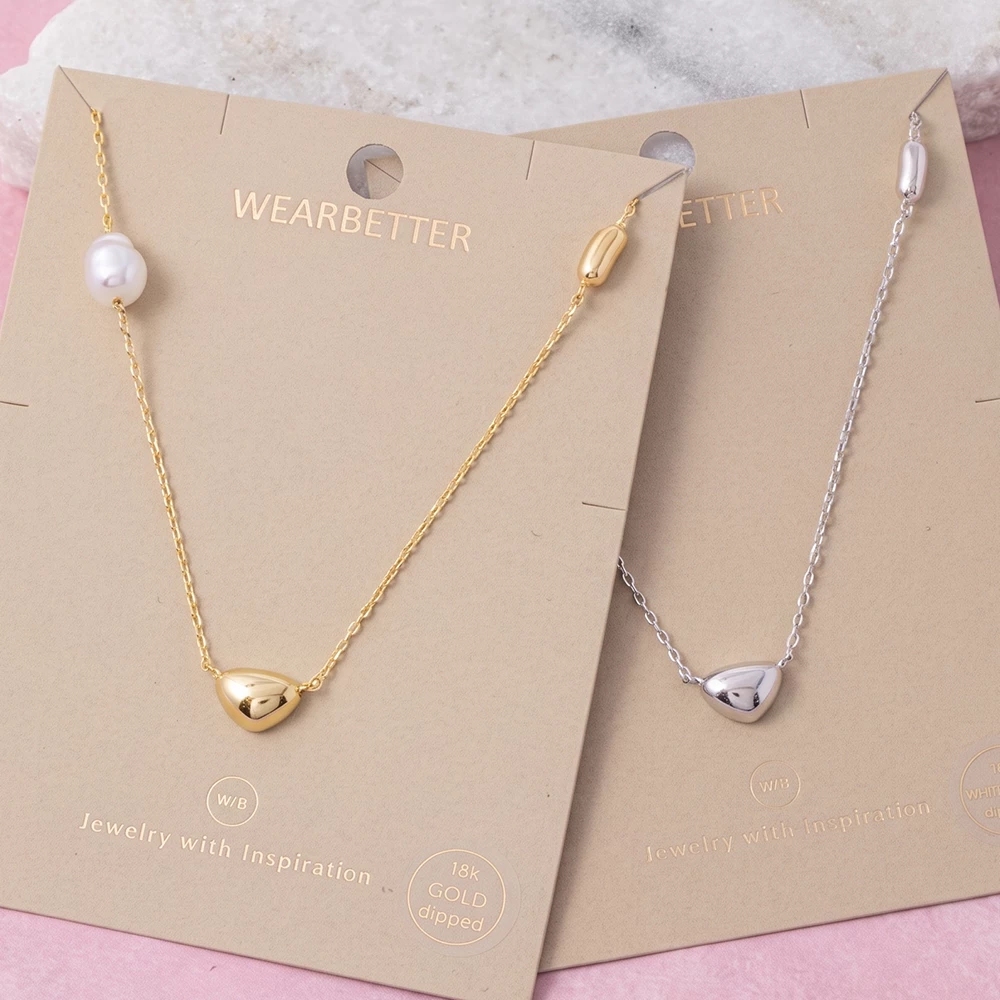 18K Gold Dipped Pebble And Pearl Station Necklace