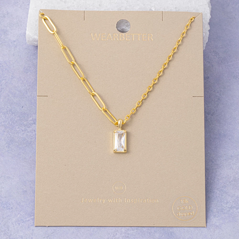 18K Gold Dipped Radiant Cz Half Paperclip Necklace