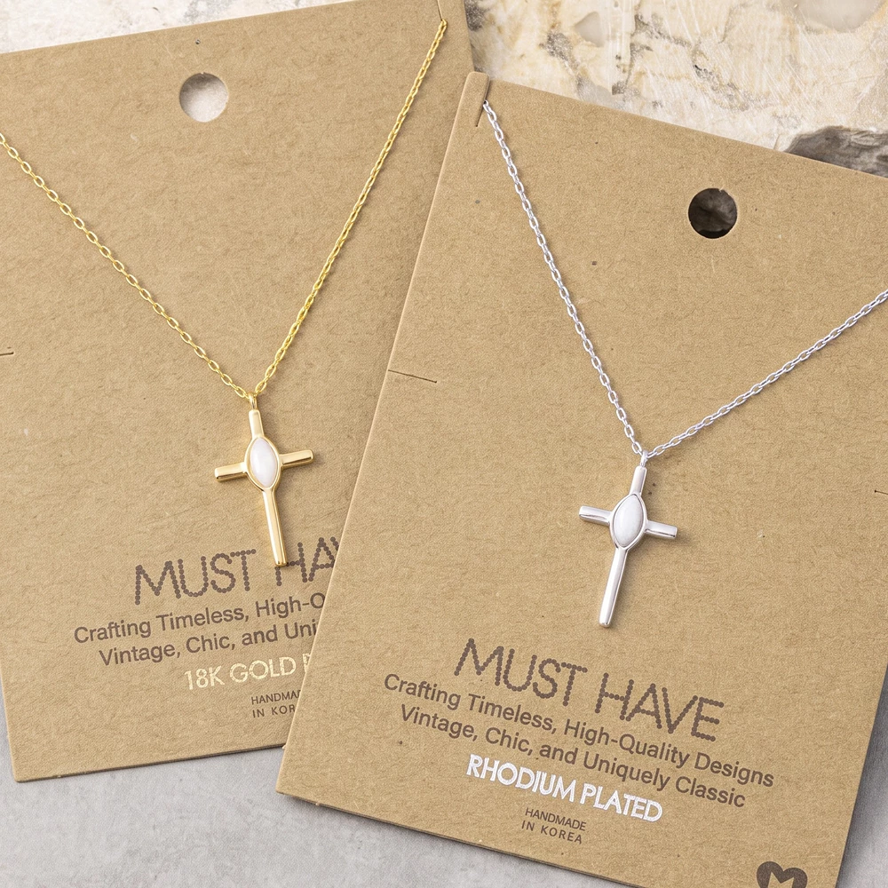18K Gold Dipped Opal Center Cross Pendant Necklace